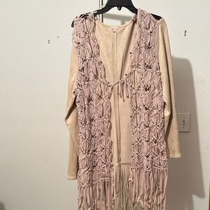 Reba Beige Fringe Knit Jacket